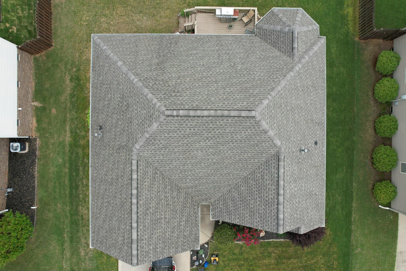 Straight-down drone view of a single-story hip roof, Upstate SC